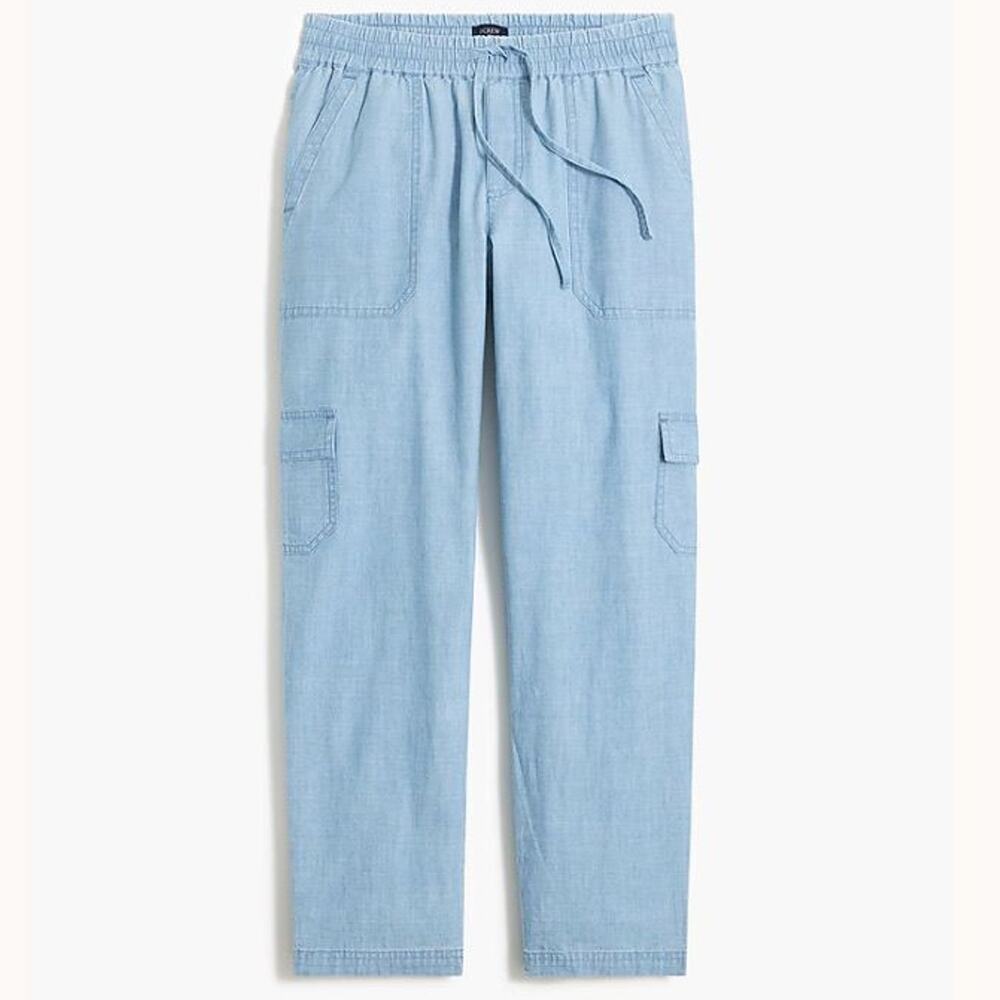 J Crew Chambray Cargo Pant Cotton Light Wash Sz 4 Coastal Clean Girl Minimalist